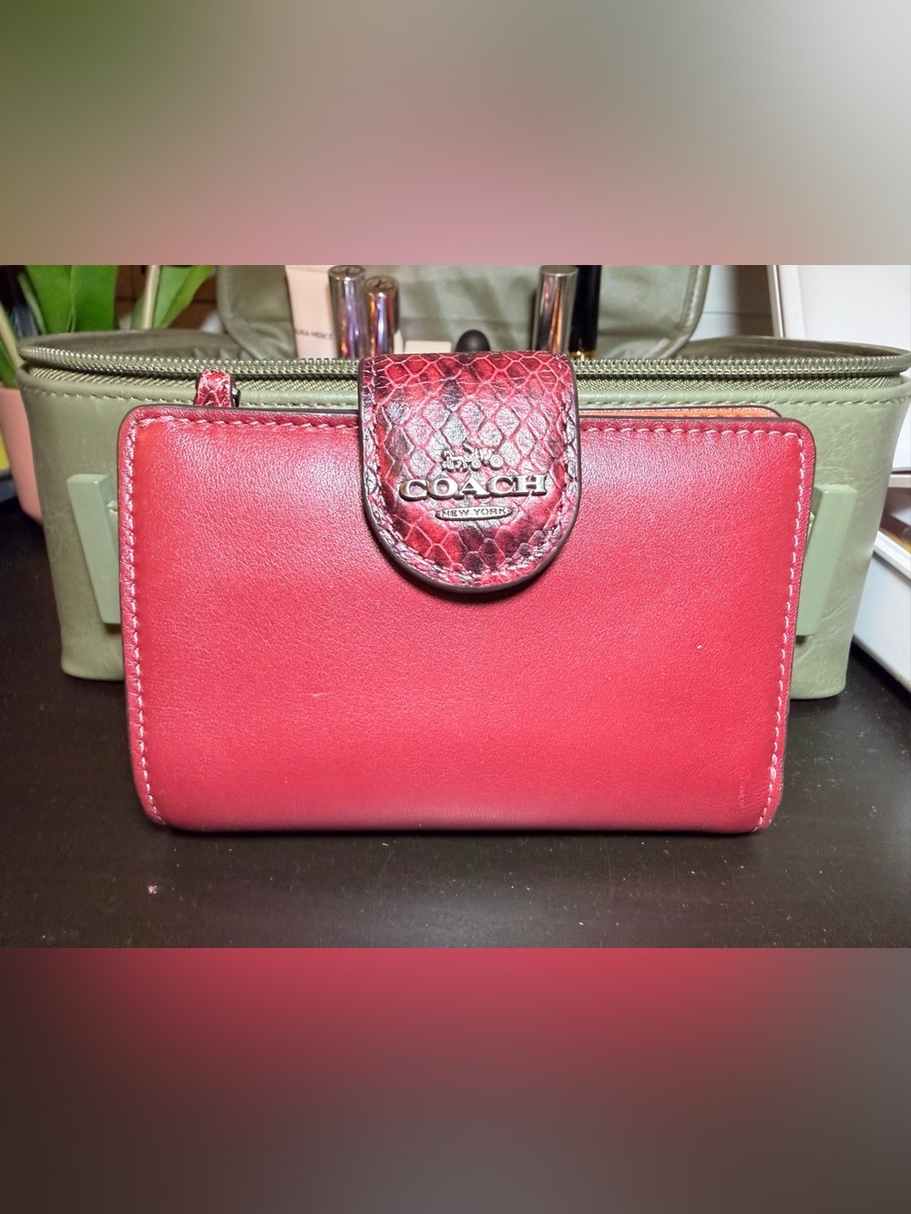Coach Red Leather Wallet with Snake-Embossed Tab and Logo